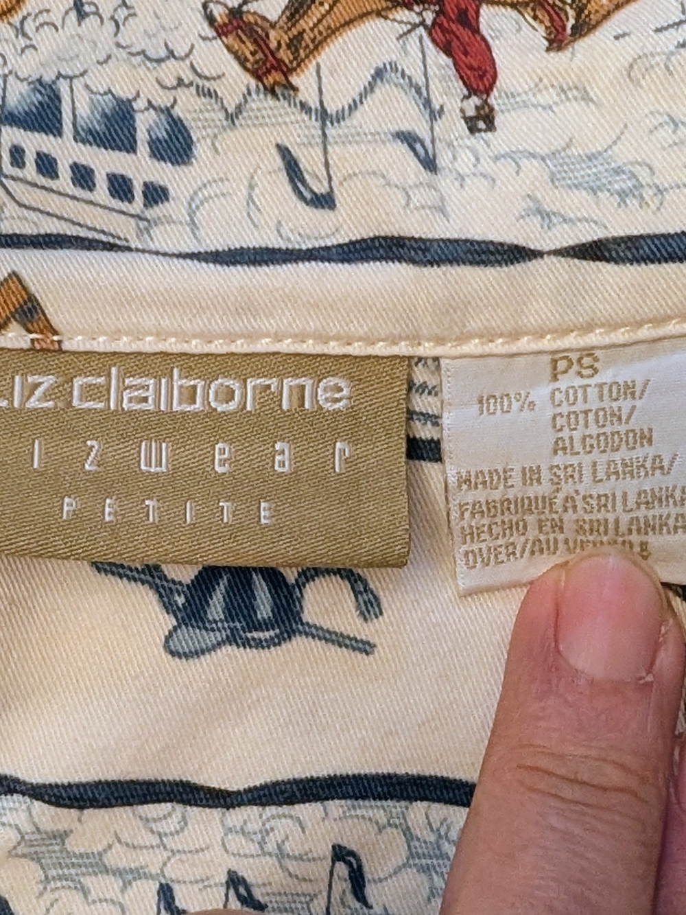Vintage 90s Liz Claiborne Lizwear Equestrian Print Cotton Button Up Shirt Sz SP - Picture 5 of 16